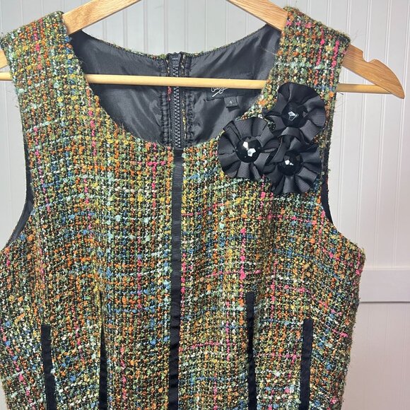 Oleg Cassini Vintage Sheath Dress Sleeveless Rainbow Stitching Knit Fringe Zippe - Picture 1 of 13